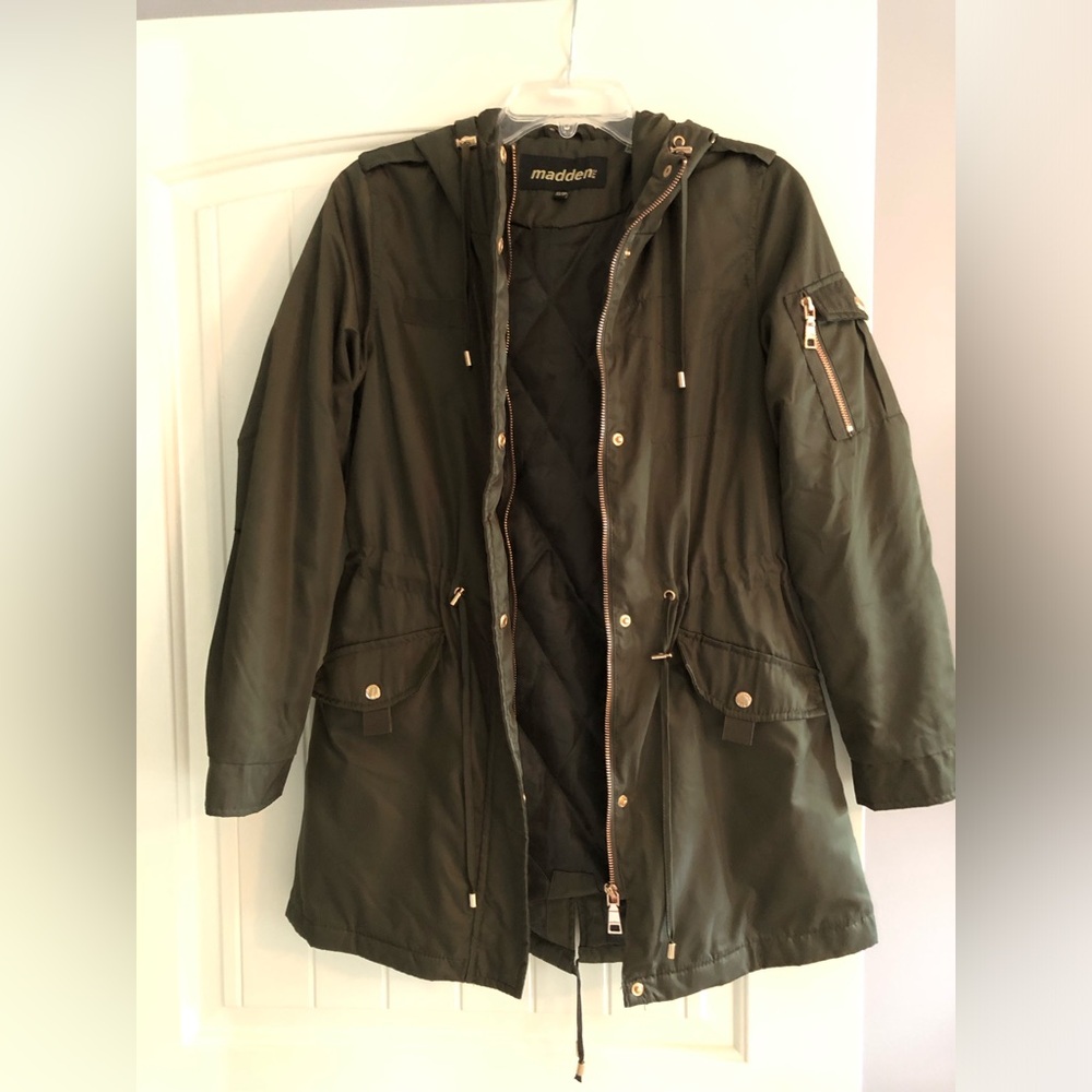Olive green hooded jacket with rose gold hardware SZ XS EUC by Madden